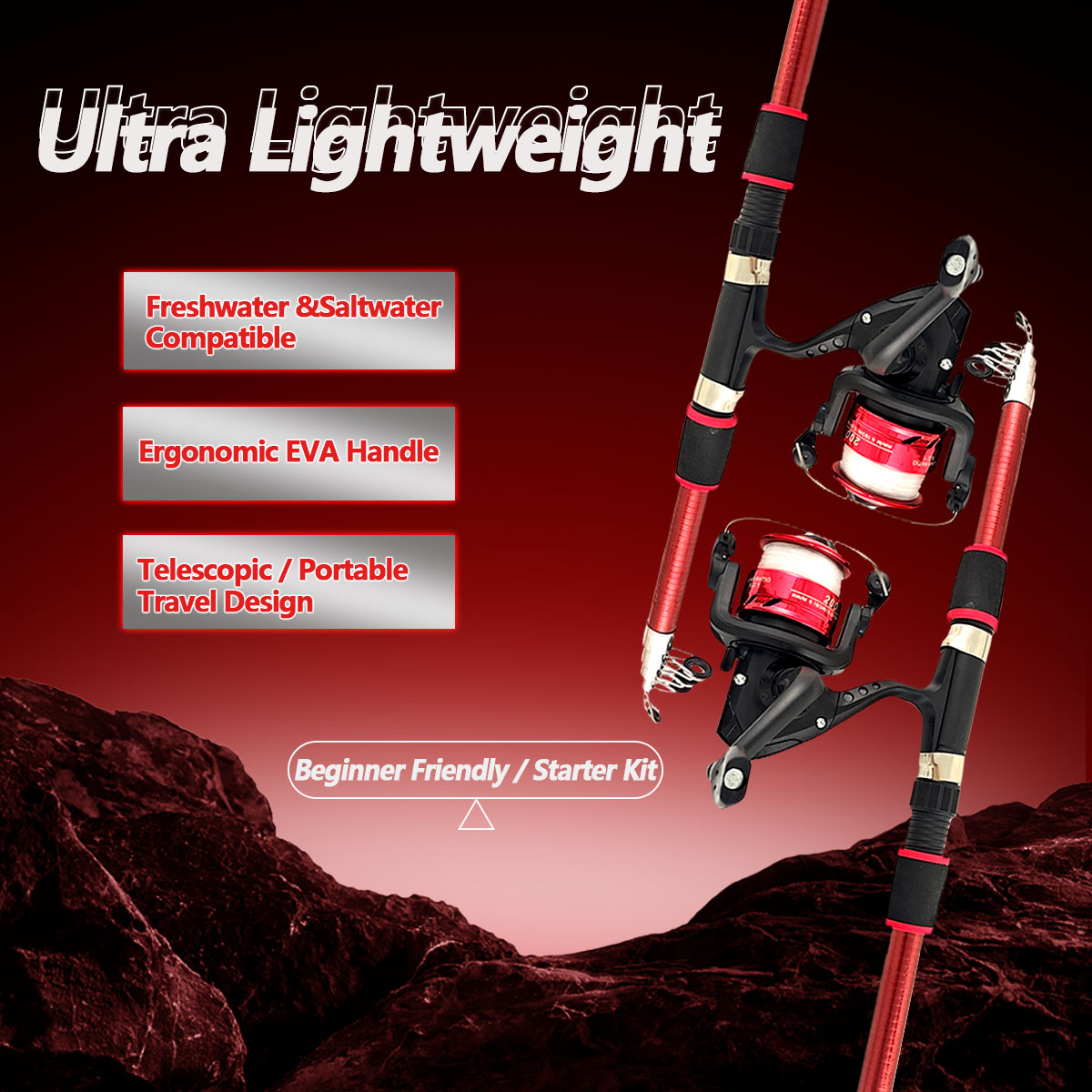 Fishing Rod Combo - ชุดคันเบ็ดและรอกตกปลาแบบหมุน 1.8 เมตร คันเบ็ดแบบยืดหดได้ พร้อมรอกตกปลา 5.2:1